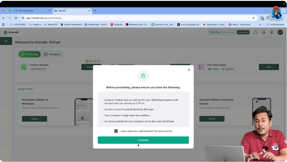 Accepting terms and conditions while connecting mobile number to WhatsApp Business API in Interakt