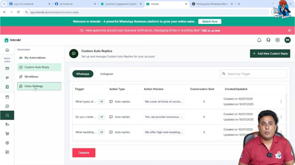 Opening Inbox Settings to configure welcome message in WhatsApp Business API