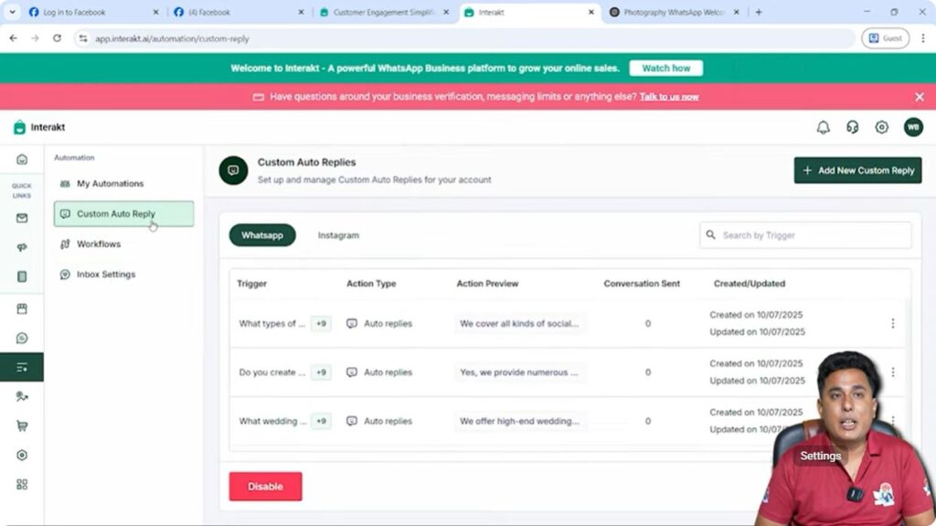 Accessing Custom Auto Reply section in Interakt dashboard for WhatsApp Business API automation