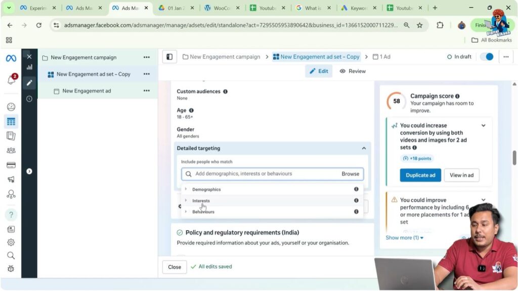 How to access interest targeting in Meta Ads Manager ad set audience settings