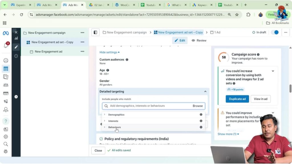 Suggest an audience section with detailed targeting in Meta Ads Manager