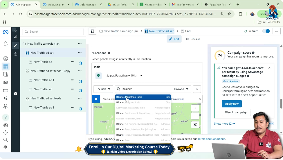 Adding second city in location targeting field in Facebook ad set