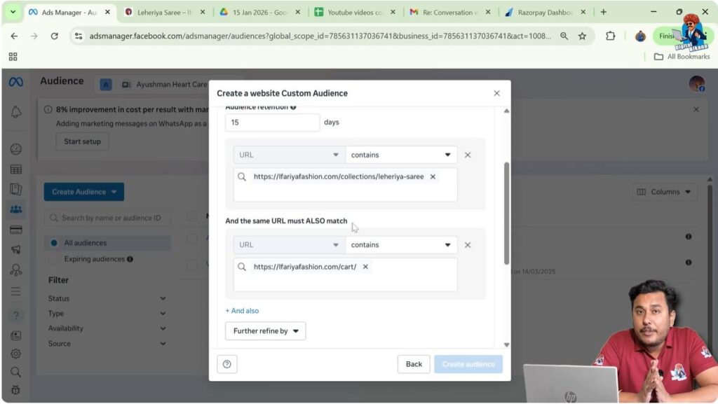 Add cart page URL using AND condition to create warm website visitor custom audience