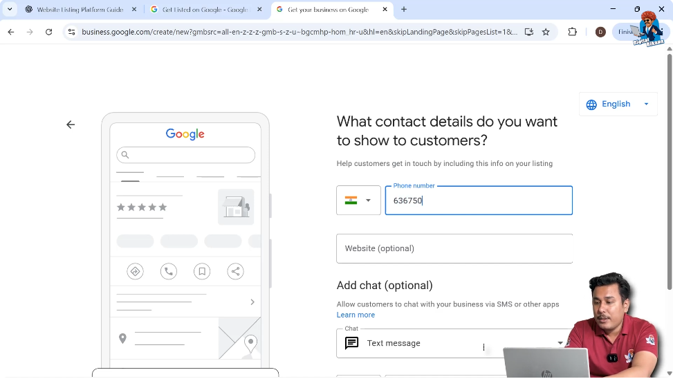 Adding phone number and optional website in Google My Business listing