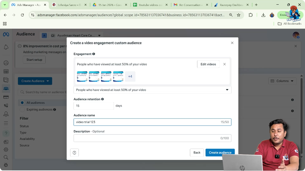 Add description and create video views custom audience in Facebook Ads Manager