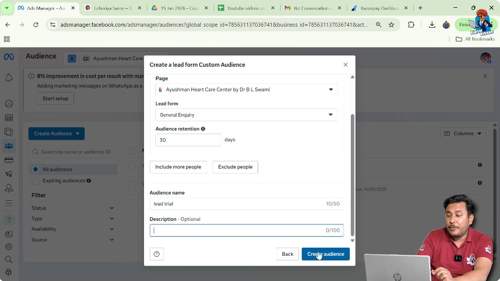 Add description and create lead form custom audience in Facebook Ads Manager
