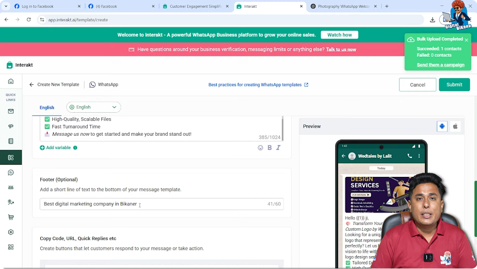 Adding footer text in WhatsApp Business API template preview using Interakt