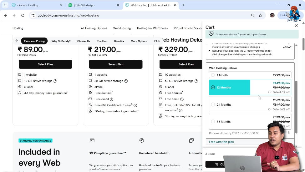 Adding hosting plan to cart with included free domain and SSL