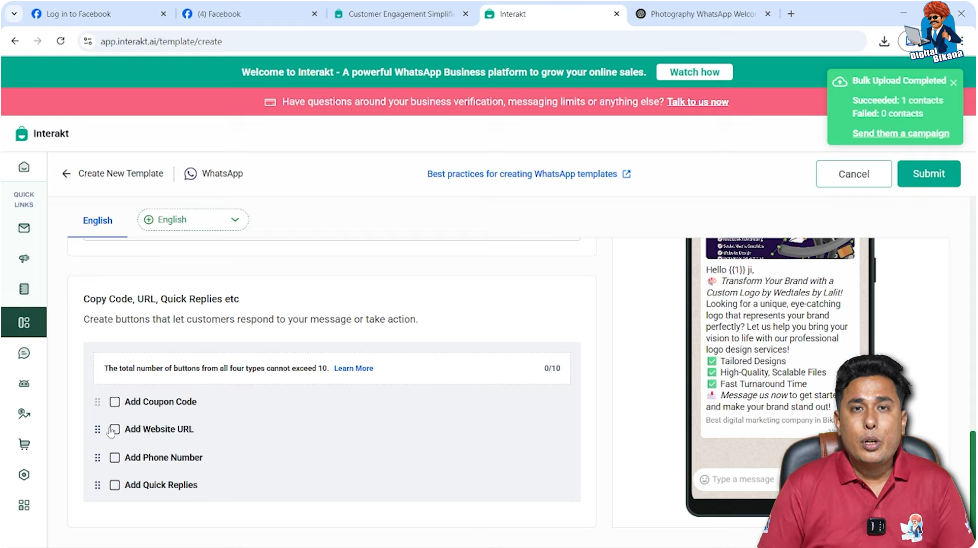 Adding URL, call, and quick reply buttons in WhatsApp Business API marketing template