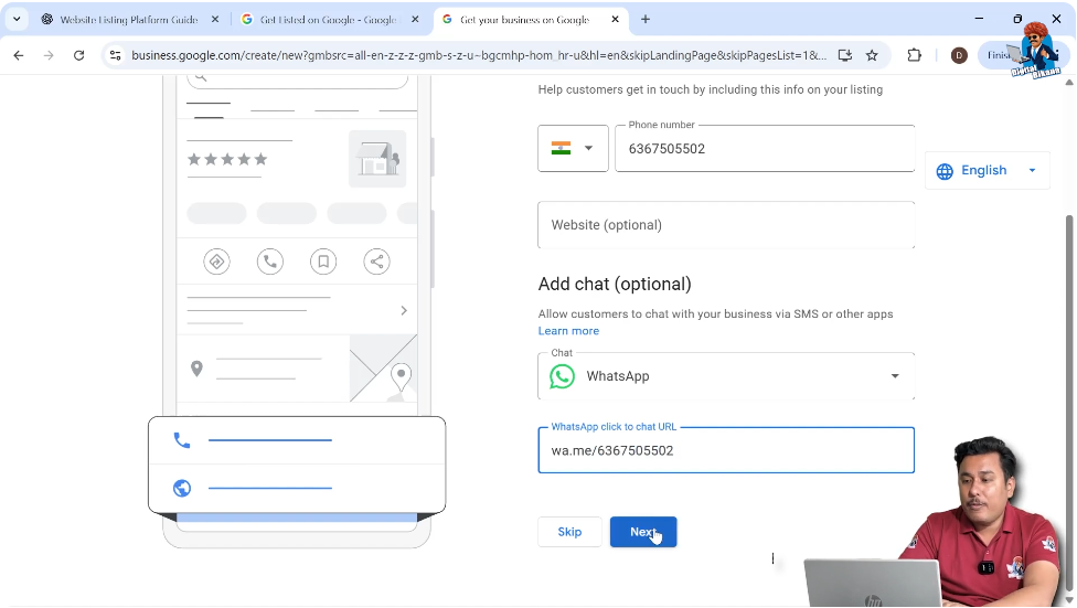 Adding WhatsApp chat URL button to Google My Business business profile