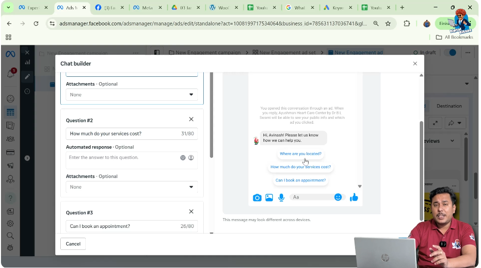 Adding automated replies to FAQ questions in Facebook message template