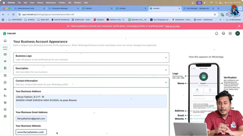 Entering business website URL with HTTPS in WhatsApp Business API Interakt
