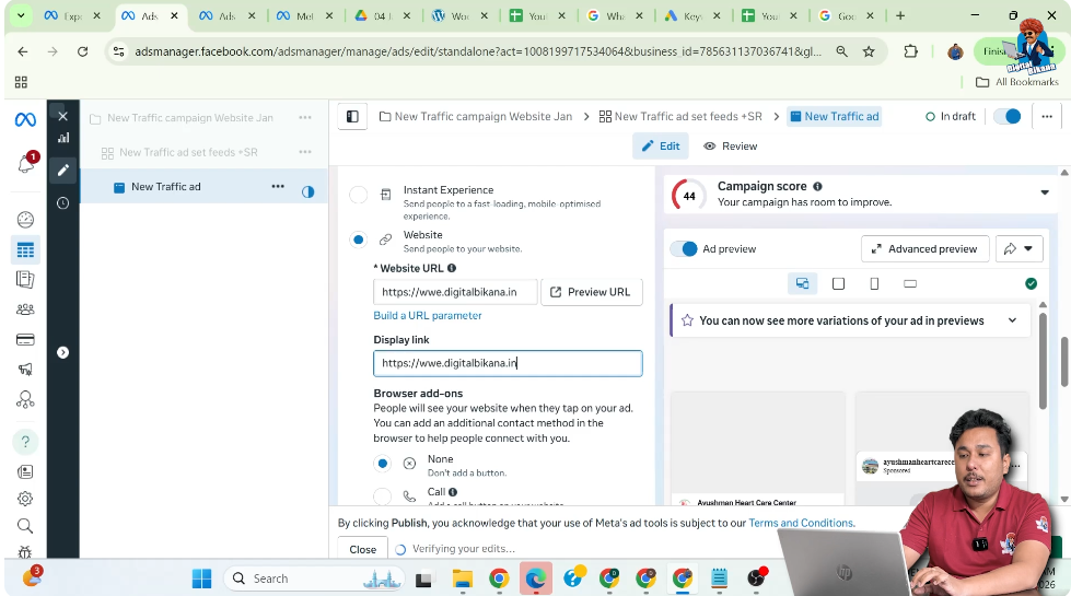 Adding display link in website traffic ad setup