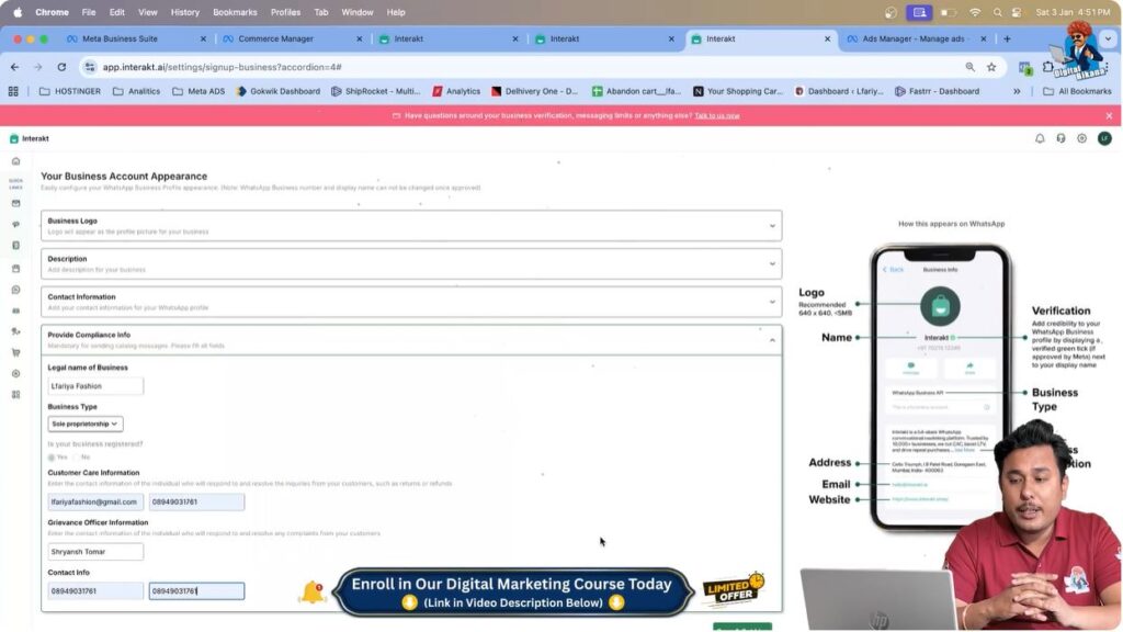 Adding grievance officer contact details in WhatsApp Business API profile