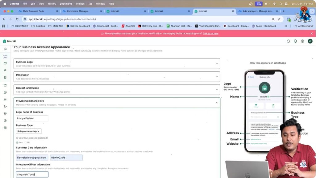 Entering grievance officer name in WhatsApp Business API Interakt compliance form
