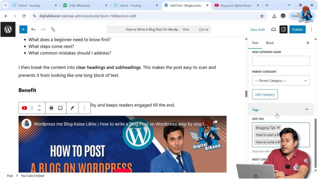 Adding tags in WordPress blog post settings