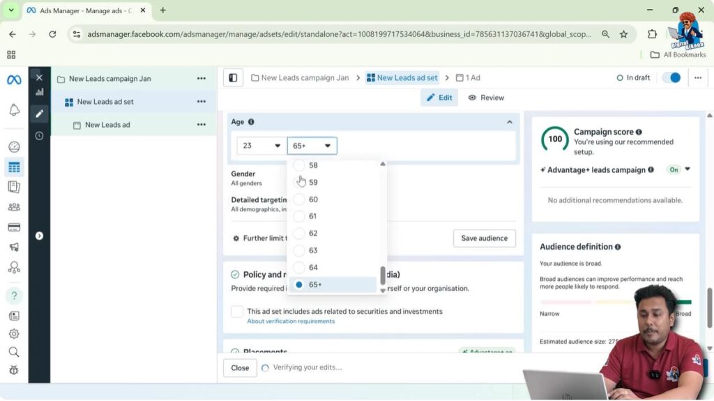 Setting age range and gender targeting options in Facebook Ads Manager audience settings