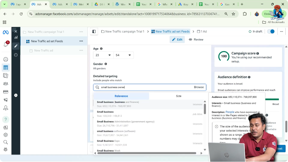 Selecting detailed targeting options like small business owners