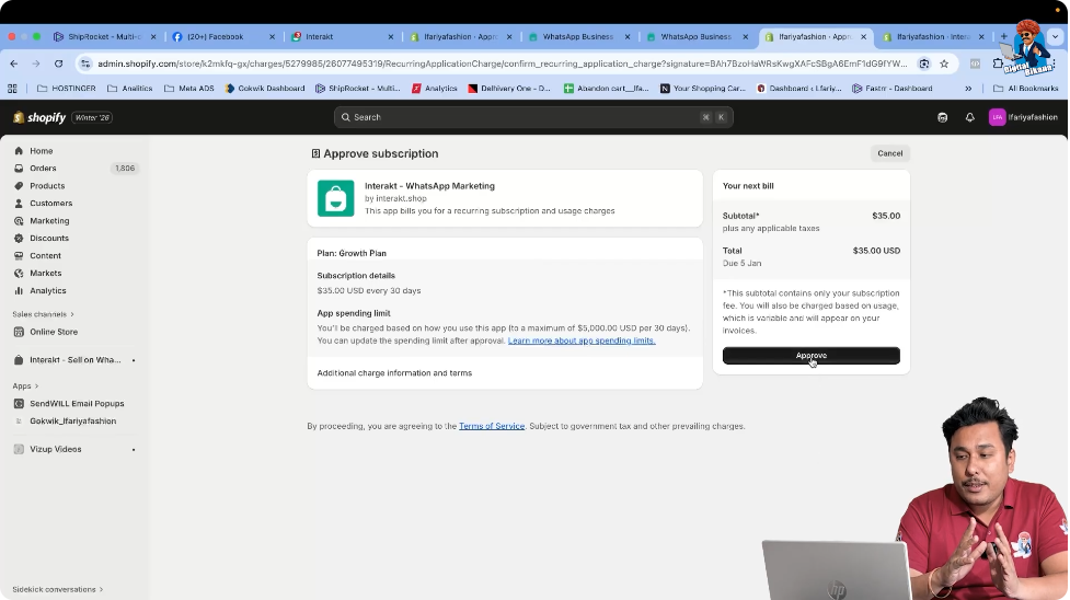 Confirm subscription payment inside Shopify store for Interakt WhatsApp Business API