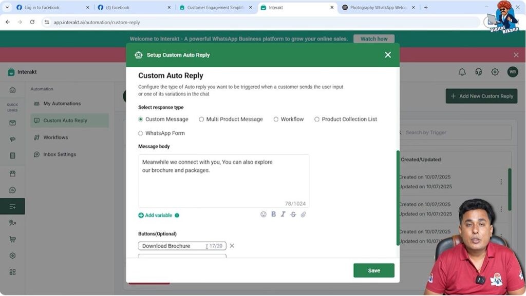 Brochure message creation with download button in WhatsApp Business API using Interakt