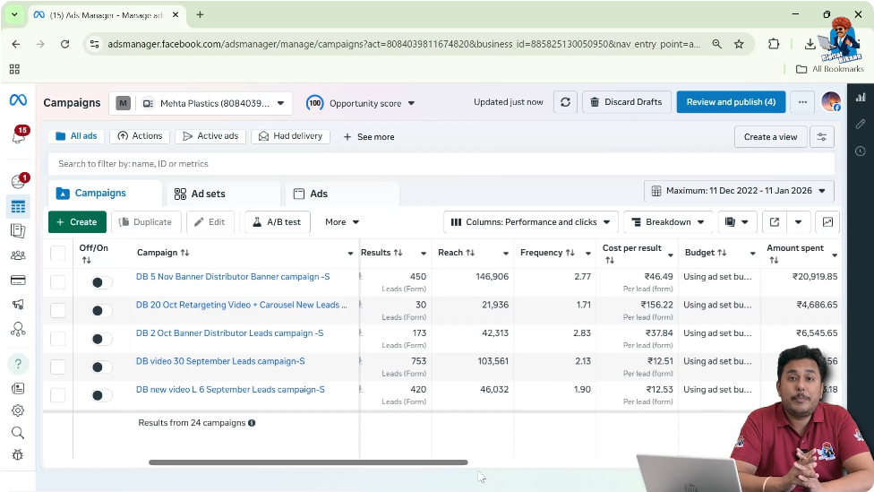 Calculate ad frequency by dividing impressions by reach in Facebook Ads Manager.