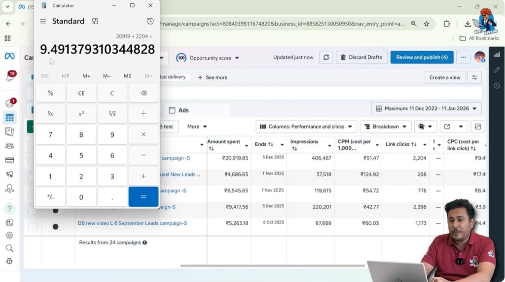 Calculating cost per click by dividing total ad spend by total clicks