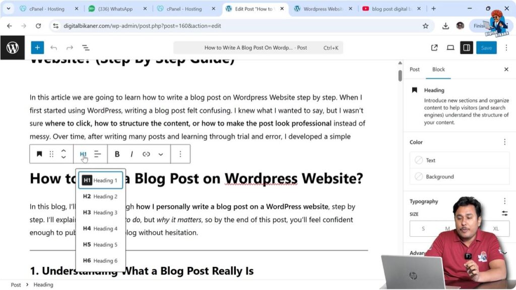 Changing heading level from H1 to H2 H3 in WordPress editor