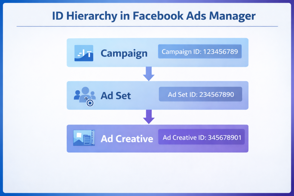 Difference between campaign ID, ad set ID, and ad creative ID in Facebook ads