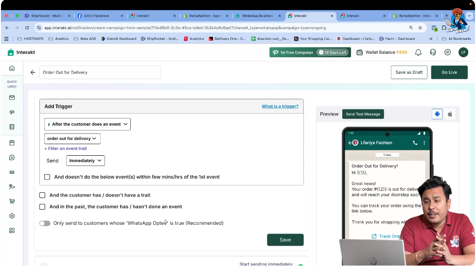 Confirm Order Out for Delivery event trigger is selected for Shopify WhatsApp Business API campaign in Interakt.