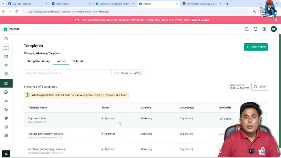 Checking approved status of WhatsApp Business API template in Interakt dashboard