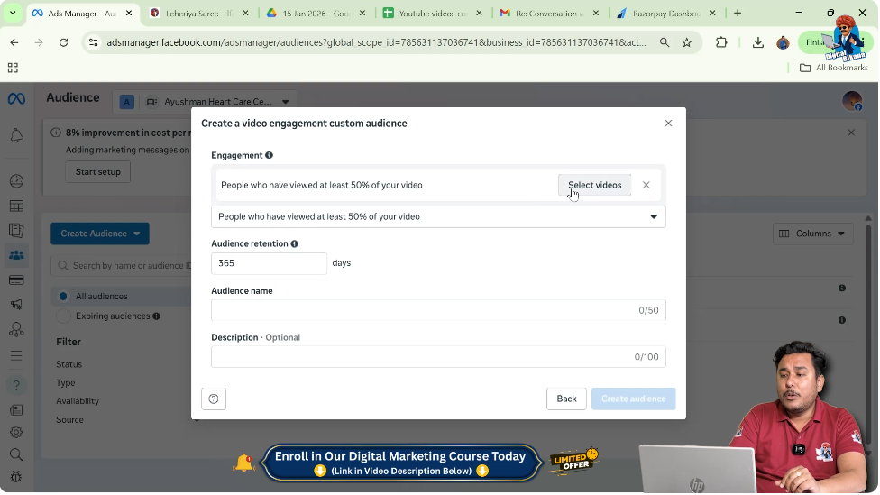 Select Facebook page or Instagram videos for creating video views custom audience
