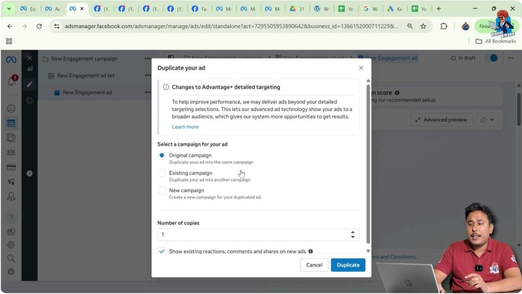 Option selected to duplicate ad creative in original Meta campaign