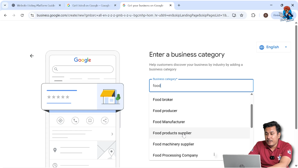 Selecting correct business category from dropdown in Google My Business listing setup
