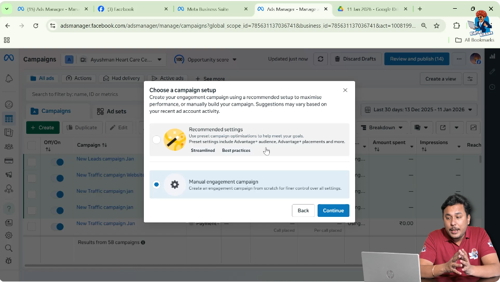 Choosing recommended settings or manual setup while creating Advantage Plus campaign in Facebook Ads