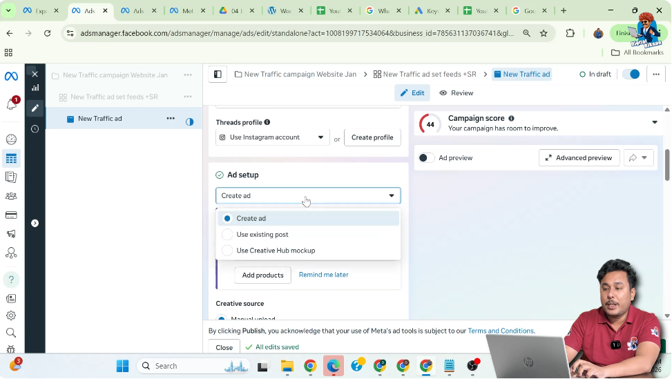 Selecting create ad option in Facebook Ads Manager