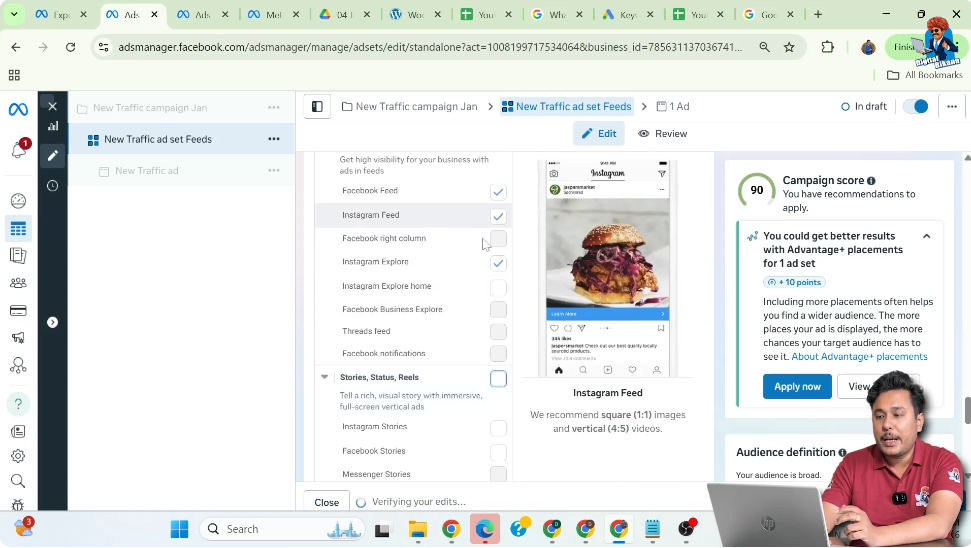 Selecting Facebook and Instagram feed placement for WhatsApp call ads