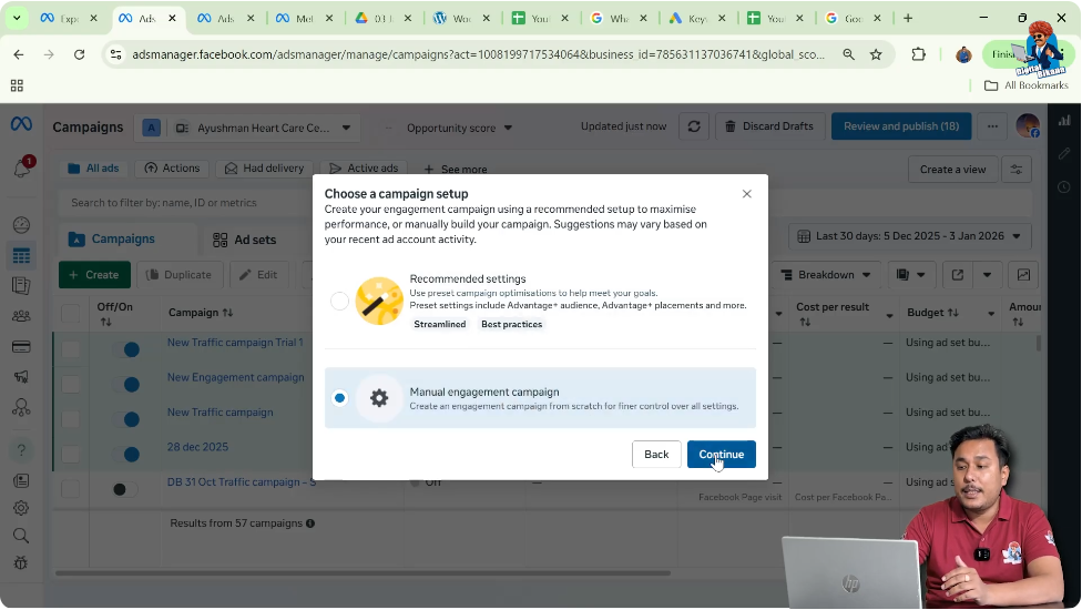Choosing manual engagement campaign instead of Advantage Plus campaign