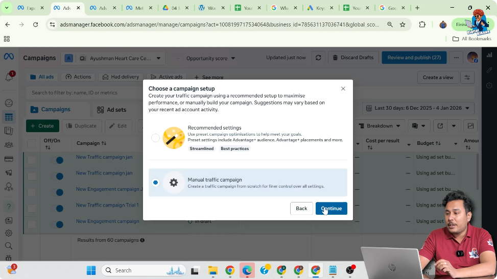 Choosing manual traffic campaign setup for WhatsApp call ads