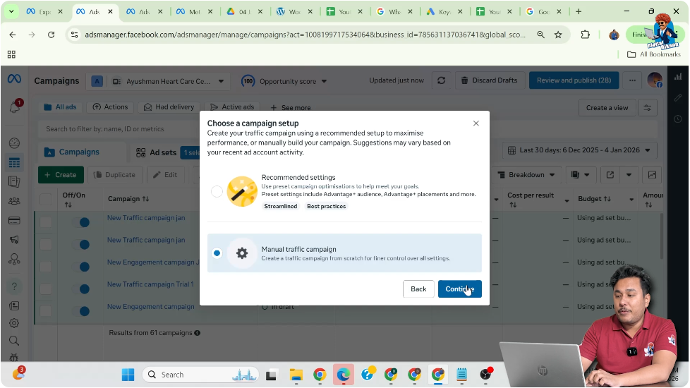 Choosing manual traffic campaign setup in Facebook Ads Manager