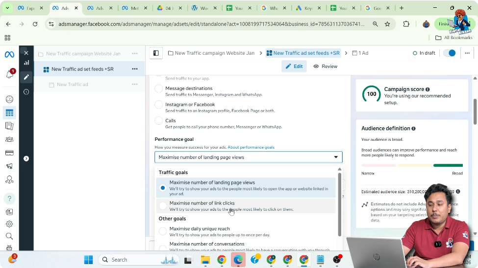 Selecting maximum link clicks performance goal in traffic ad campaign