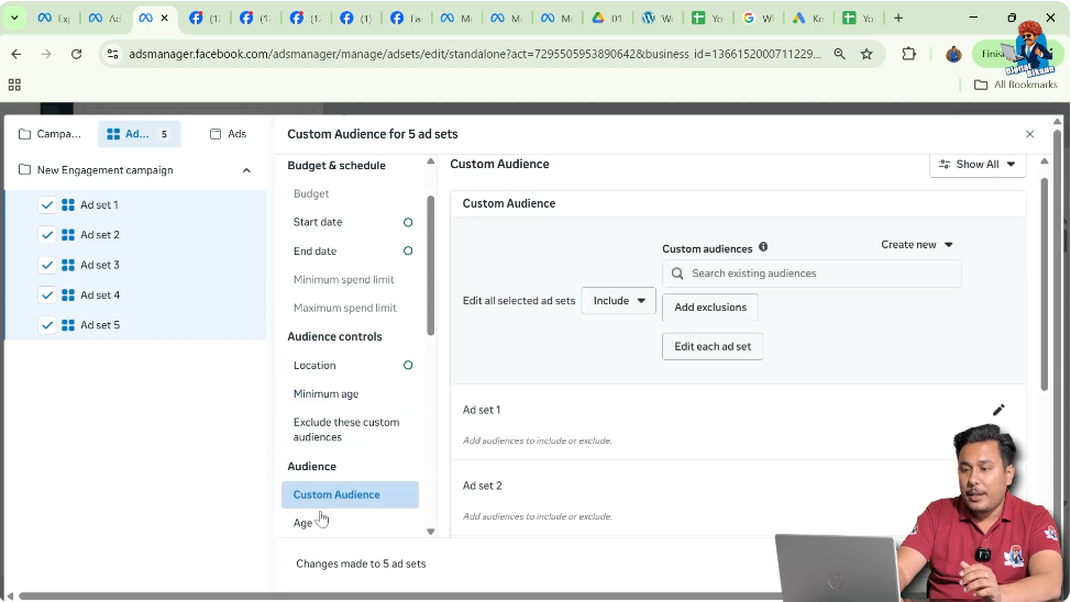 Selecting saved or custom audiences for multiple ad sets in Meta Ads Manager