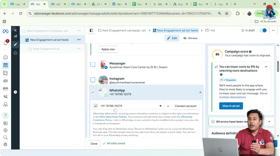 Selecting WhatsApp Business as message destination in Meta Ads Manager