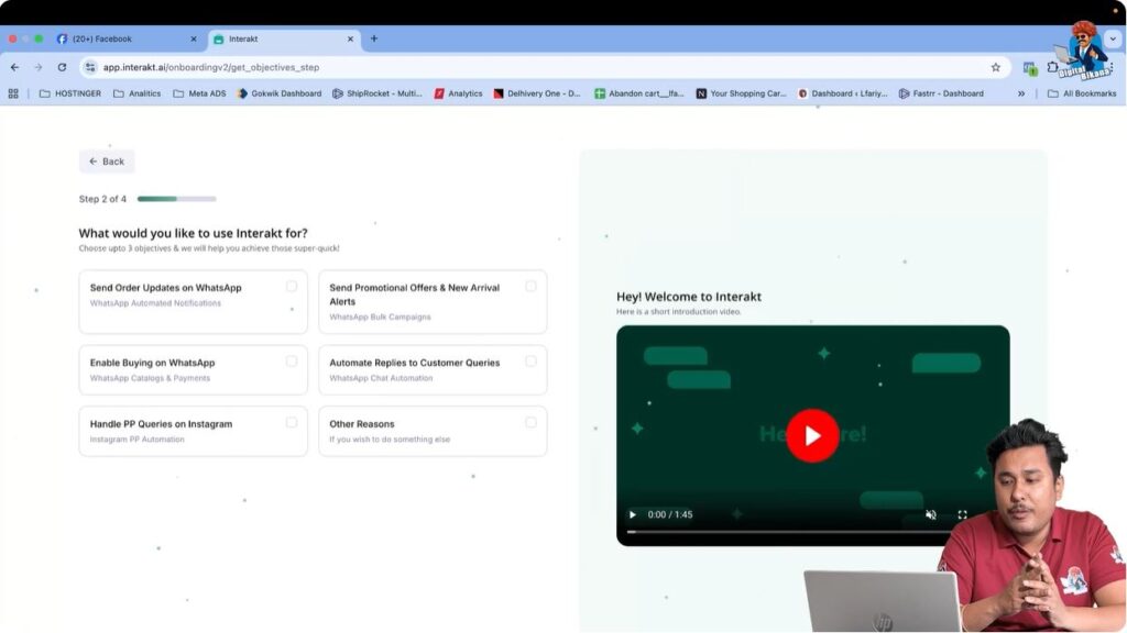 Selecting purpose such as promotional messages or order updates in Interakt setup