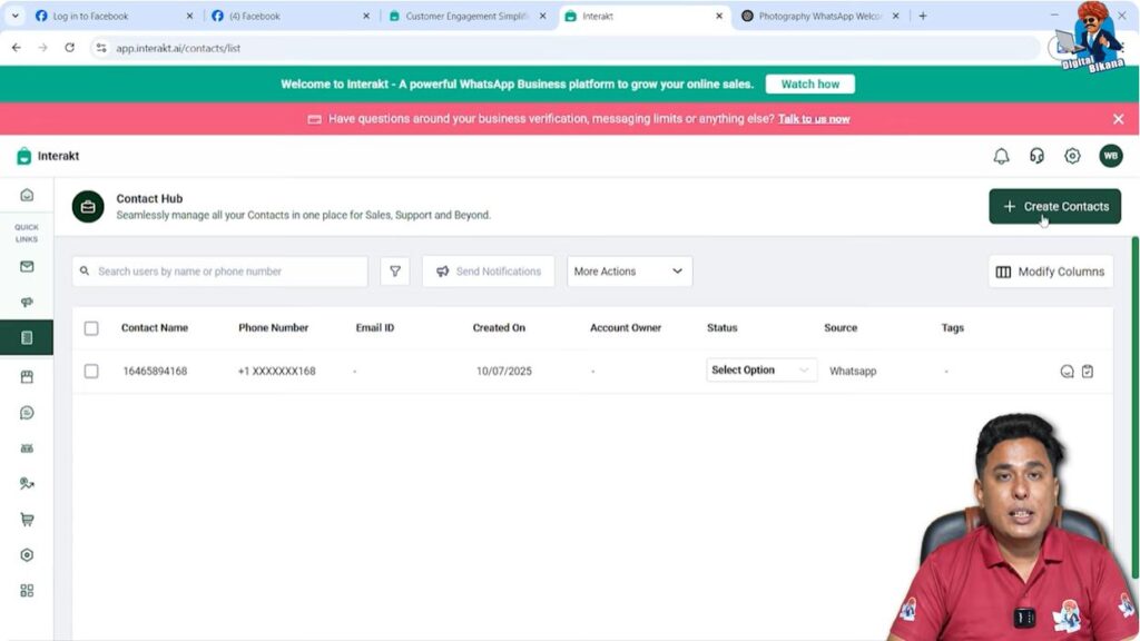 Add contacts option in Interakt for bulk WhatsApp Business API messaging