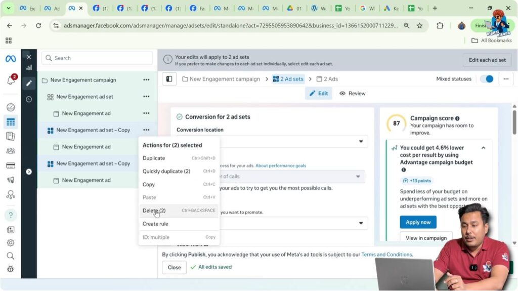 Delete option selected to remove multiple ad sets at once