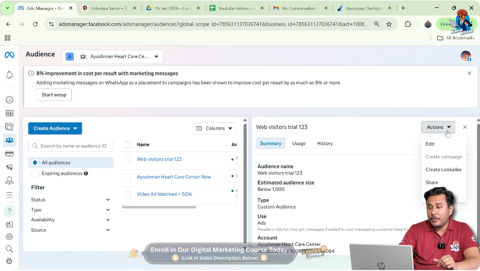 Click on the Actions button after selecting the custom audience
