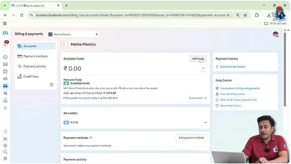 Click on Add Funds option to add money in Facebook ad account
