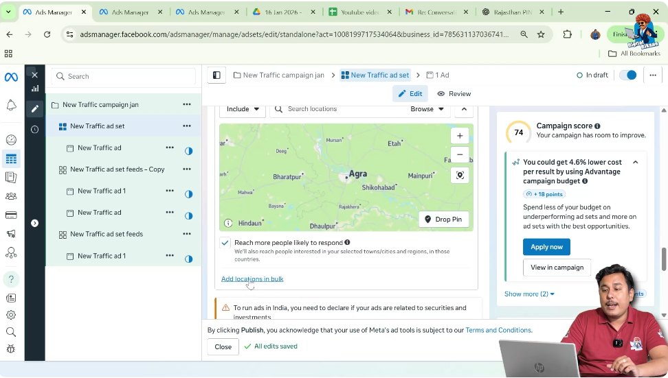 Clicking add location in bulk option in Facebook ad set audience targeting