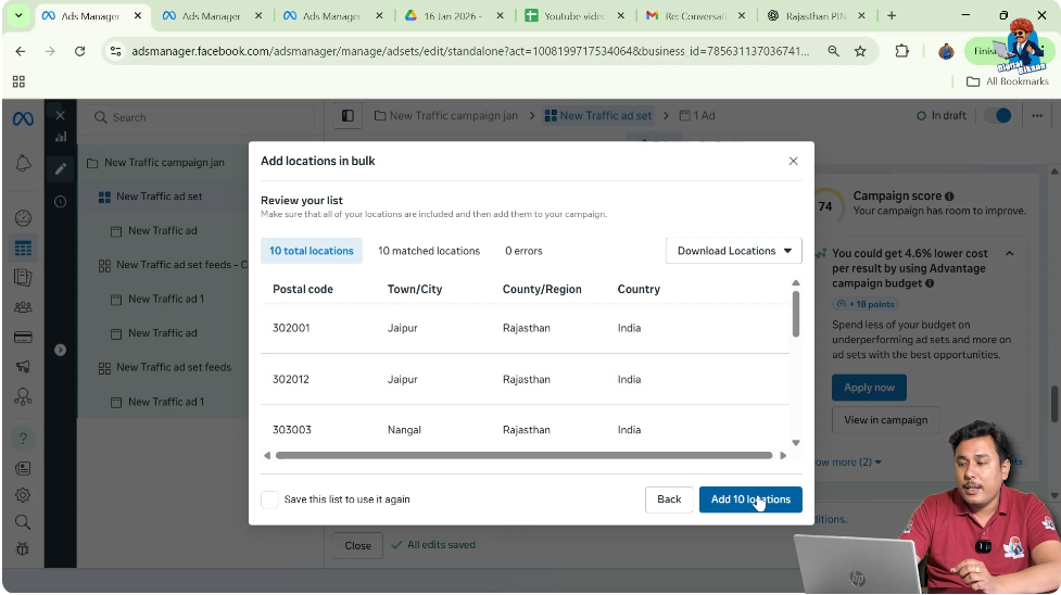 Adding all matched postal codes to Facebook ad set targeting