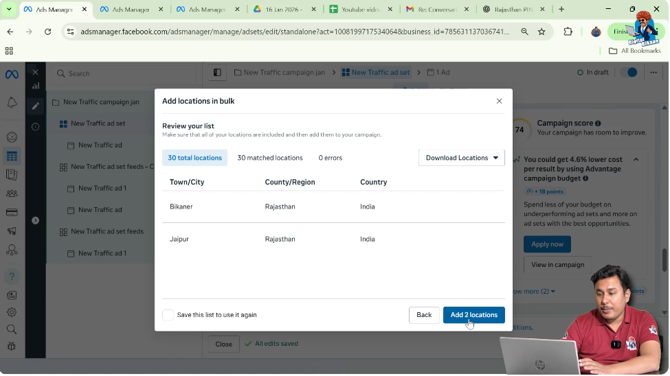 Adding selected bulk cities to Facebook ad set location targeting